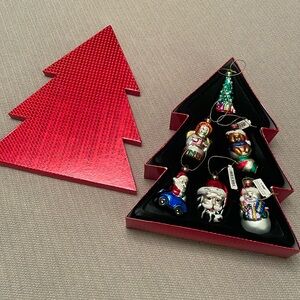 Rare Vintage GANZ Blown Glass Christmas Ornaments Set of 6 in Red Tree Gift Box
